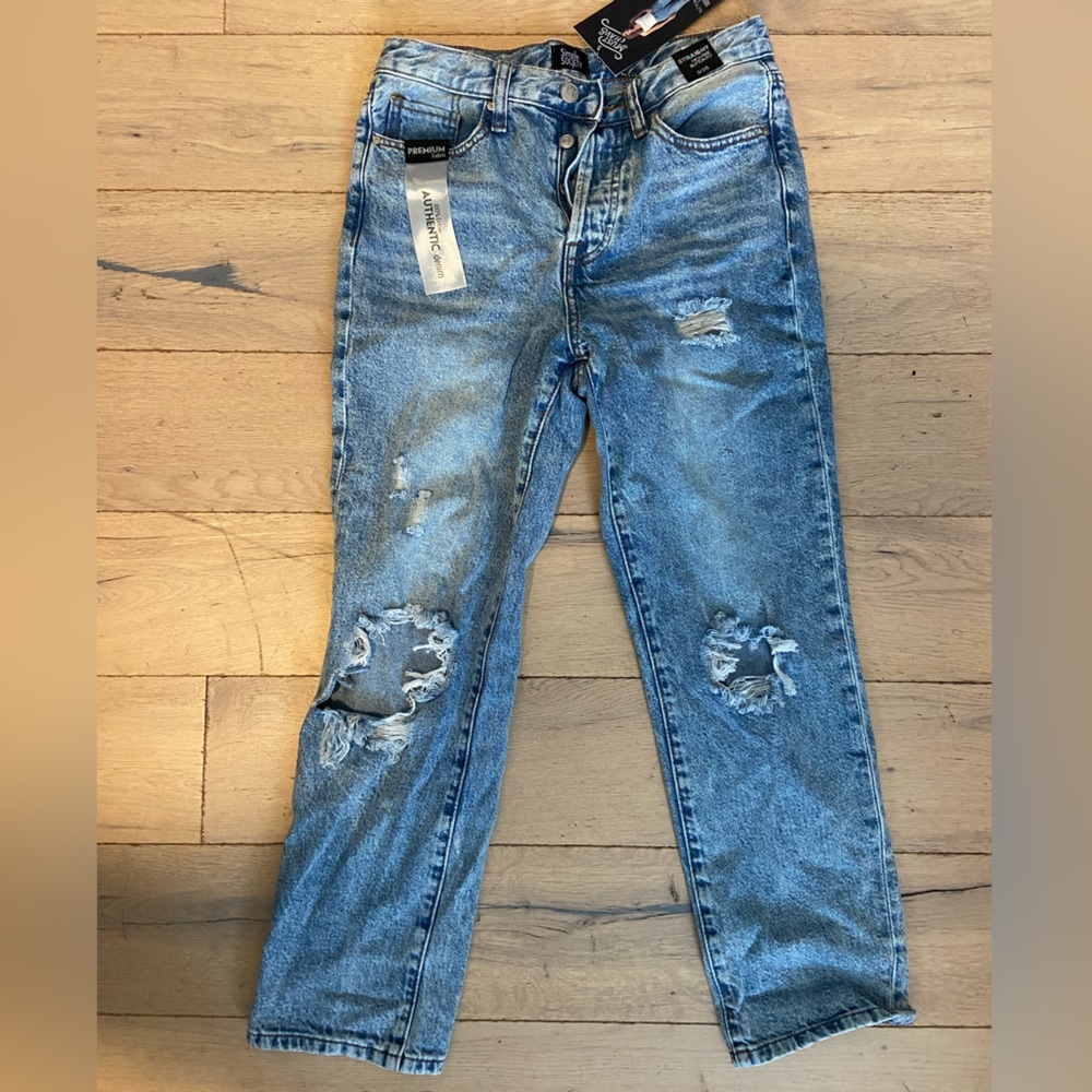 mid rise distressed straight leg jeans